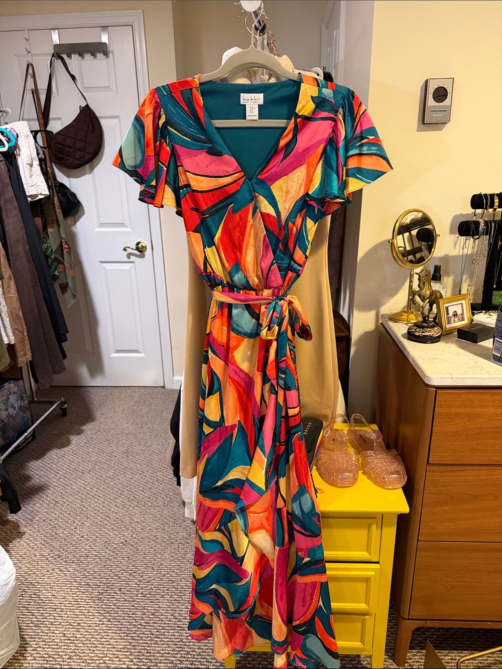 Nicole Miller Multicolor Teal, Pink and Orange Wrap Maxi Dress